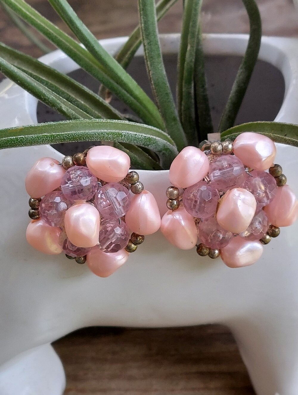 Pink Beaded Cluster Vintage Earrings